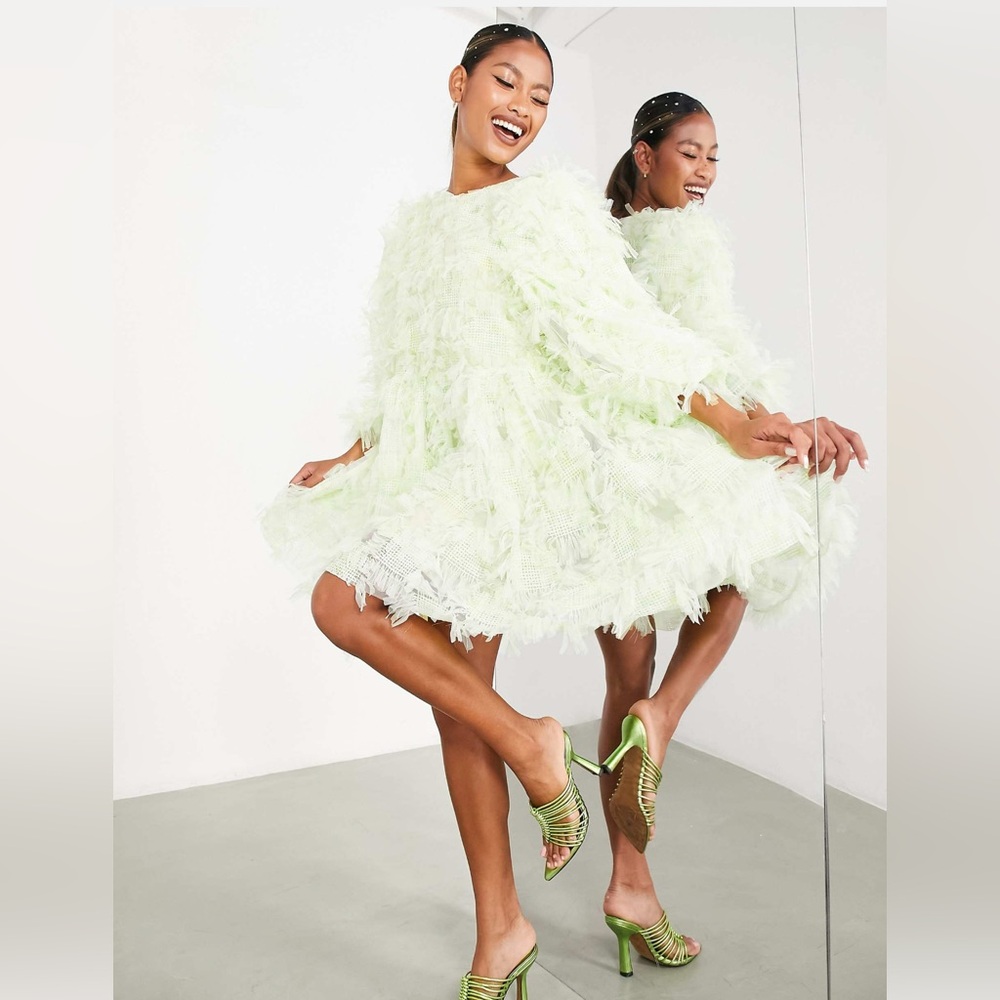 Elegant Lime Green Feathered Dress